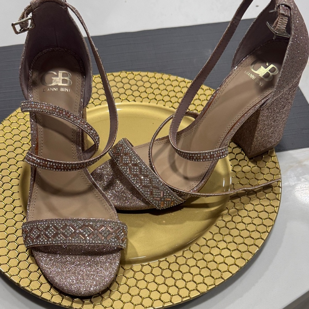 Canny Bini Glitter Block Heel Sandals - Rose Gold
